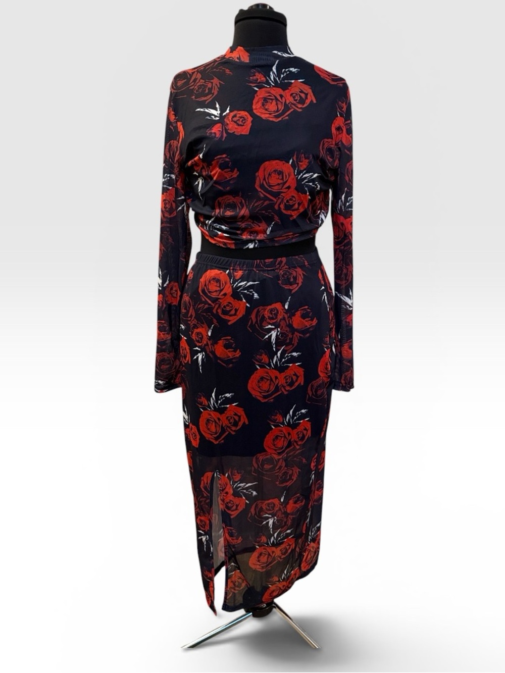 SHEIN Black Long Sleeve 2 Piece Top & Skirt with Red Rose Print
